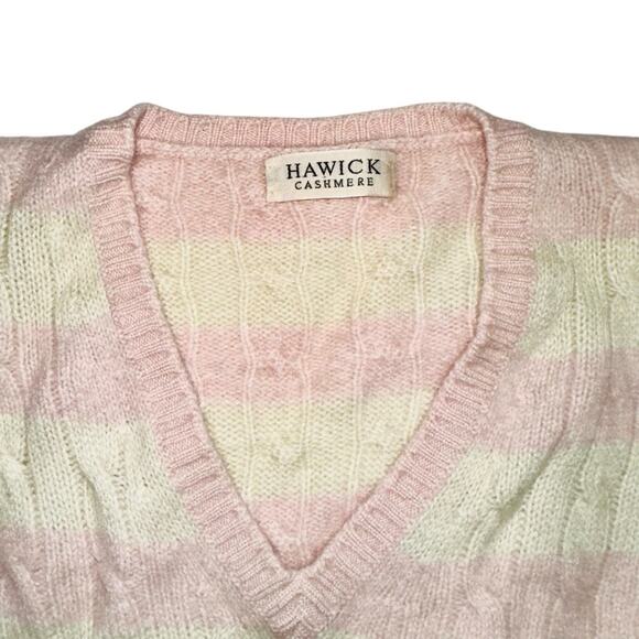 Hawick Cashmere V-Neck Cable Knit Stripe Pink Cream Sweater MEDIUM - Picture 3 of 6